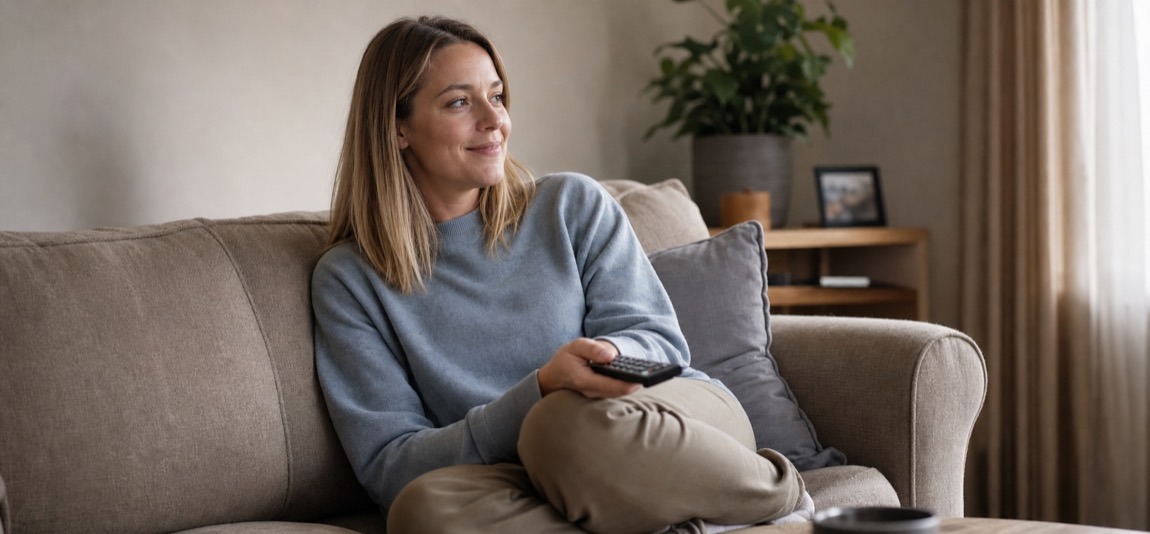 Mujer relajada en el sofá de casa