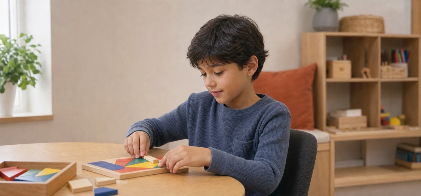 Niño concentrado montando un tangram de madera en la consulta